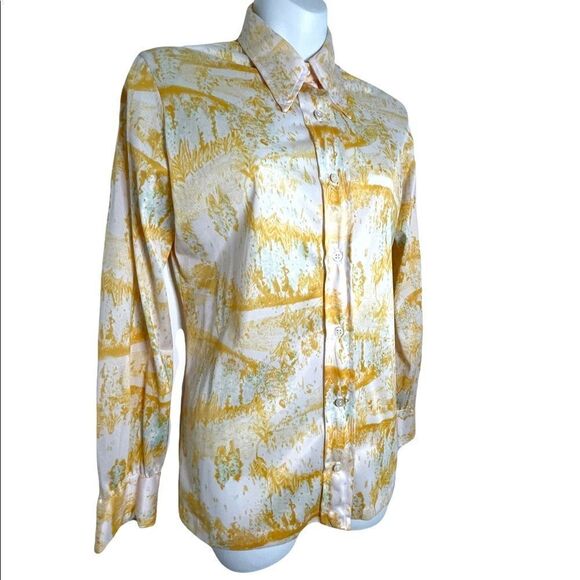 Vintage 1970s Vera Button Down Geometric Long Sleeve Shirt M Saffron Marigold - Picture 10 of 15